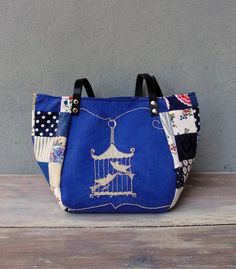 Woodland  Bird Bag - Vintage Embroidery, Blue  Patchwork and Leather Bag. Vintage Handmade Canvas Bag For Daily Use, Bohemian Blue Bags For Everyday Use, Blue Embroidered Bags For Everyday Use, Blue Embroidered Shoulder Bag For Everyday Use, Bohemian Blue Canvas Bag For Everyday Use, Blue Embroidered Bag For Everyday Use, Vintage Hand-stitched Shoulder Bag, Everyday Bohemian Blue Bag, Everyday Blue Embroidered Shoulder Bag