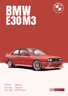 the bmw e380 m3 is shown in red and white with an orange background