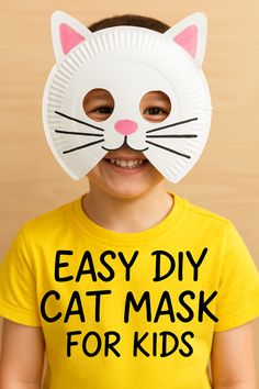 a child wearing a paper plate mask with the words easy diy cat mask for kids