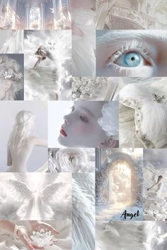 a collage of white angel images with blue eyes