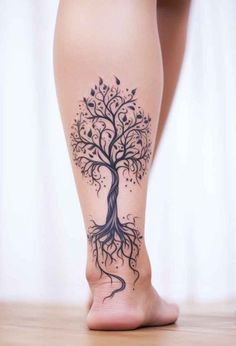 a woman's leg with a tree tattoo on it