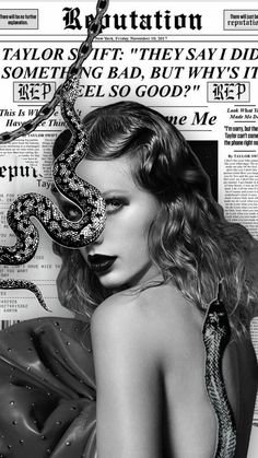 a woman with a snake on her head is standing in front of a news paper