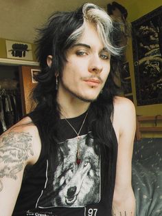 Male Half Ponytail, Wolf Cut Long Male, Male Mullet Long, Alt Hairstyles Male, Wolf Cut Male Long, Long Gender Neutral Haircuts, Alt Hairstyle Men, Masculine Alternative Haircuts, Alternative Men Haircut