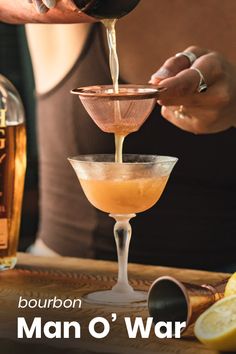 The Man O War cocktail uses a base of bourbon with tart lemon juice balanced out with sweet vermouth and orange liqueur Bourbon Martini Recipes, Bourbon Country Cocktails, Bourbon Drink With Garnish, Handcrafted Bourbon Drink, How To Make A Bourbon Martini, Mr Boston Ancient Mariner Recipe, Bourbon Vermouth Cocktail Drink, Bourbon Falernum Cocktail, Bourbon-based Drink Preparation