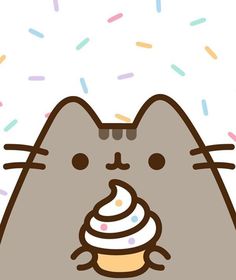 a cat with an ice cream cone in its mouth and sprinkles around it