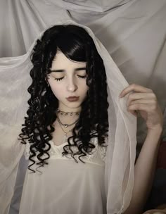 Vampire Hairstyles Curly Hair, Vampire Curly Hairstyles, Gothic Hairstyles For Curly Hair, Curly Gothic Hairstyles, Lamb Makeup, Victorian Curly Hairstyles, Black Ringlets, Victorian Protective Hairstyles, Rosemary Cosplay