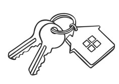 a house key with a window drawn on the front and side, next to it is a pair of keys