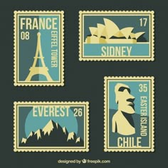 four stamps with the words france and some mountains in blue, yellow and green colors