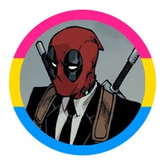 a deadpool character in a suit and tie with two swords on his head,
