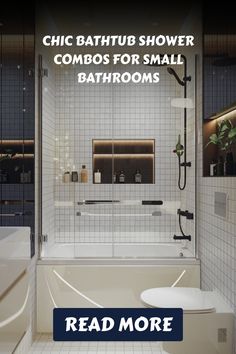 Modern bathtub and shower combo in a small, elegant bathroom.