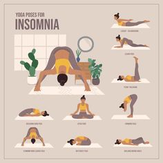 a woman doing yoga poses for insomnia in various positions, including the legs and arms