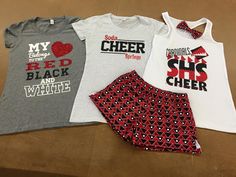Cheerleading Team Merchandise, Cheerleading Team Spirit Wear, Custom Cheerleading Apparel, Red Black White Cheer Outfits, School Spirit Day Outfit Ideas, Cheer Camp Outfits Theme, Cheer Camp Shirts Design, Cheer Camp Ideas, Cheer Camp Clothes