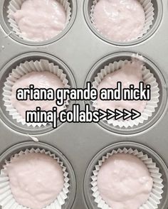 some cupcakes with pink icing in them and the words ariana grande and nicki mini collabbs