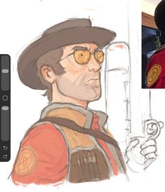 a drawing of a man wearing a hat and glasses next to an image of a person in uniform