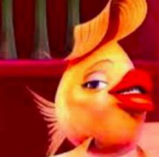 a yellow bird with red lips and long blonde hair is staring at something in the distance