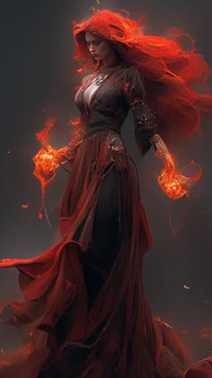 a woman with red hair is dressed in a long dress and holding two fire balls