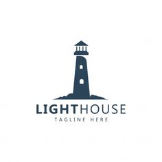the lighthouse logo is shown in blue and white with an outline of a light house on top