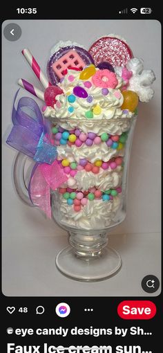 an ice cream sundae with candy and candies in it is on the instagram page