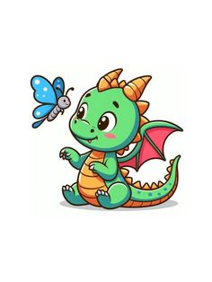 a green dragon sitting next to a blue butterfly
