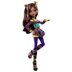 a doll with long brown hair and purple pants is standing in front of a white background