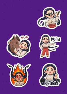 four stickers with different types of people and animals on them, one is holding a baby