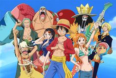 the cast of one piece posing in front of a blue sky with many other characters