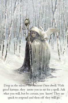 a painting of a woman in the snow holding a bird on her arm and standing next to trees