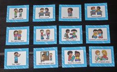 several cards with pictures of people and words on them, all in blue squares that say i can't have a friend