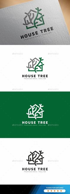 the logo for house tree is shown in three different colors and font styles, including green,