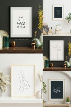 a collage of photos with various frames and artwork on the wall above them, along with vases filled with flowers