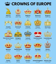 the crowns of europe in different colors and sizes, all with their names on them