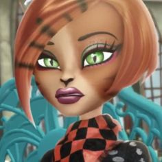 an animated image of a woman with red hair and green eyes wearing a black and white checkered dress