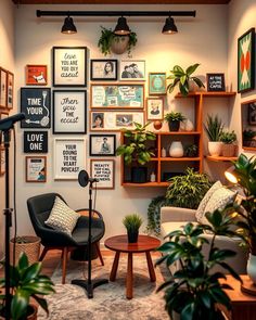 a living room filled with lots of plants and pictures hanging on the wall above it