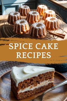 there is a slice of cake with icing on it and the rest of the cake in the background