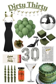 a collage of green and silver items including balloons, cake, cocktail glasses, napkins, paper clips