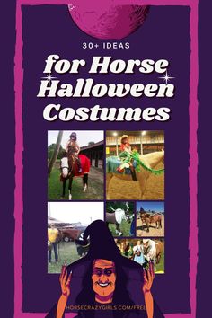 the front cover of a book with pictures of horses and people on it, in purple
