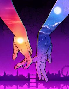two hands holding each other in front of a purple and blue sky with the sun setting behind them