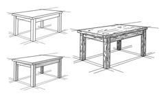 three tables and one bench are shown in the same drawing, each with different angles
