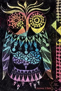 an owl is painted on a black background
