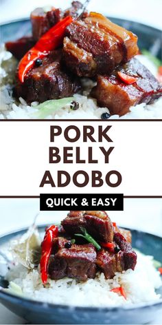 pork belly adobo served over rice in a bowl