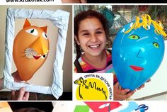 there are pictures of kids making art with paper plates and masks on the table together