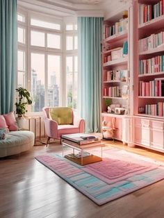 a living room filled with lots of pink furniture and bookshelves next to a window