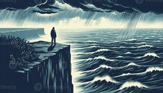 a man standing on top of a cliff looking at the ocean under a cloudy sky