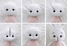 crocheted bunny stuffed animal with black eyes and nose
