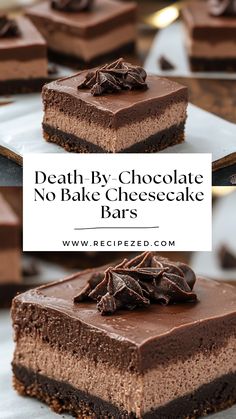 These easy chocolate dessert cheesecake bars are a chocolate lover’s dream. With a creamy chocolate filling and an Oreo crust, they make the perfect no-bake treat. #EasyChocolateDesserts #ChocolateCheesecakeBars #OreoCrust #NoBakeChocolateCheesecake #ChocolateNoBakeCheesecake Chocolaye Desserts, No Bake Cheesecake 9x13, Light Chocolate Desserts, Easy Bars Recipes 9x13, Cheesecake Bars No Bake, Chocolate Cheesecake Bars No Bake, How To Make No Bake Cheesecake Bars, Chocolate Cheesecake Dessert Recipe, No Bake Triple Chocolate Cheesecake Bars 12 Tomatoes