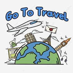 an airplane flying over the earth with words go to travel on it, illustration, cartoon png and psd