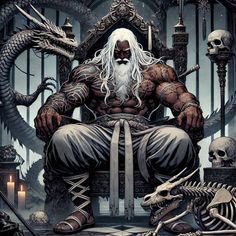 a man sitting on top of a chair next to a dragon and skull statue in front of him