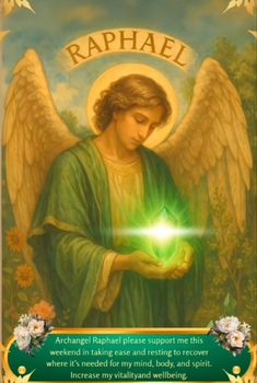 an angel holding a green ball with the words raphael written on it in gold lettering