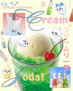 an ice cream sundae with green liquid and cherry on the top, surrounded by other items