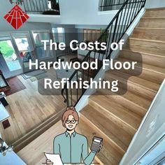 the cost of hardwood floor refinishing is shown in this graphic above an image of a man holding a cell phone